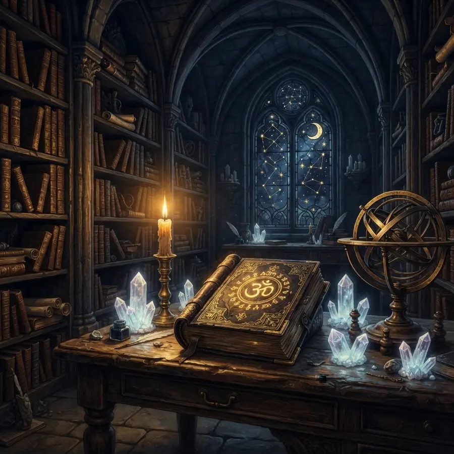Biblioteca mística com livros antigos, cristais e símbolos akáshicos