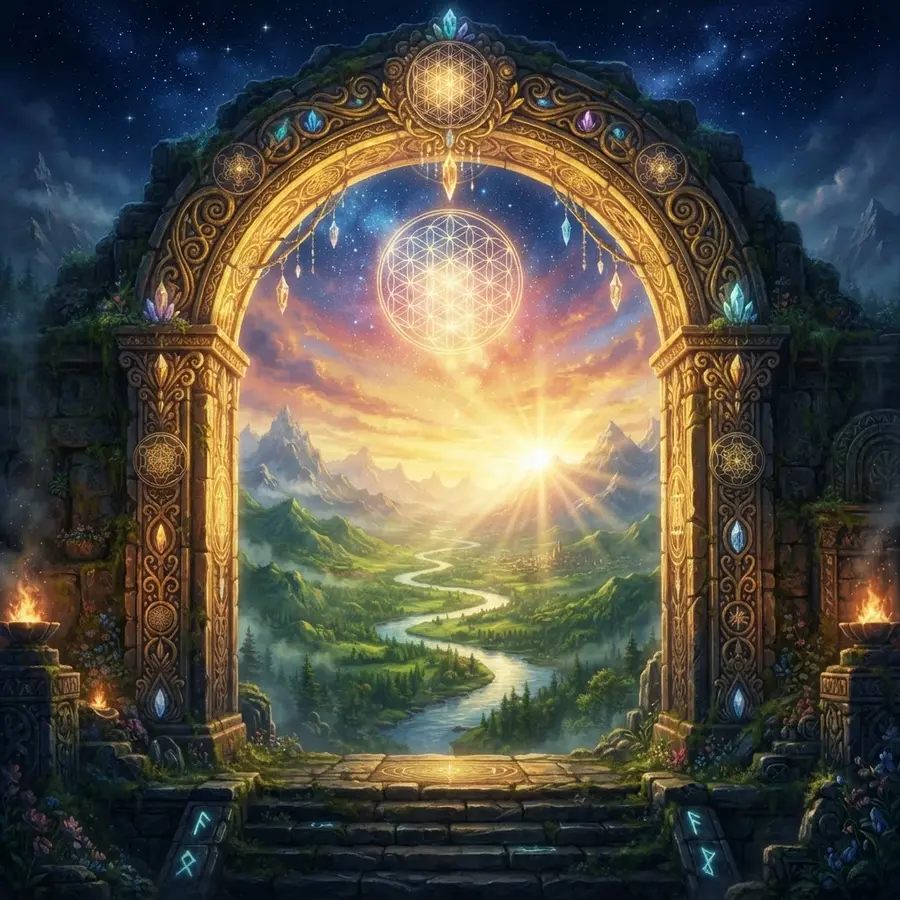 Portal dourado abrindo para um vale ao nascer do sol